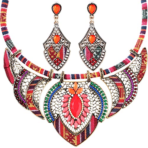 Junkin 2 Pieces African Jewelry Sets for Women Colorful Necklace Earring Set Costume Jewelry Boho Vintage Statement Choker Ethnic Style Bohemian Chunky Collar African Beaded Necklaces Dangle Earrings