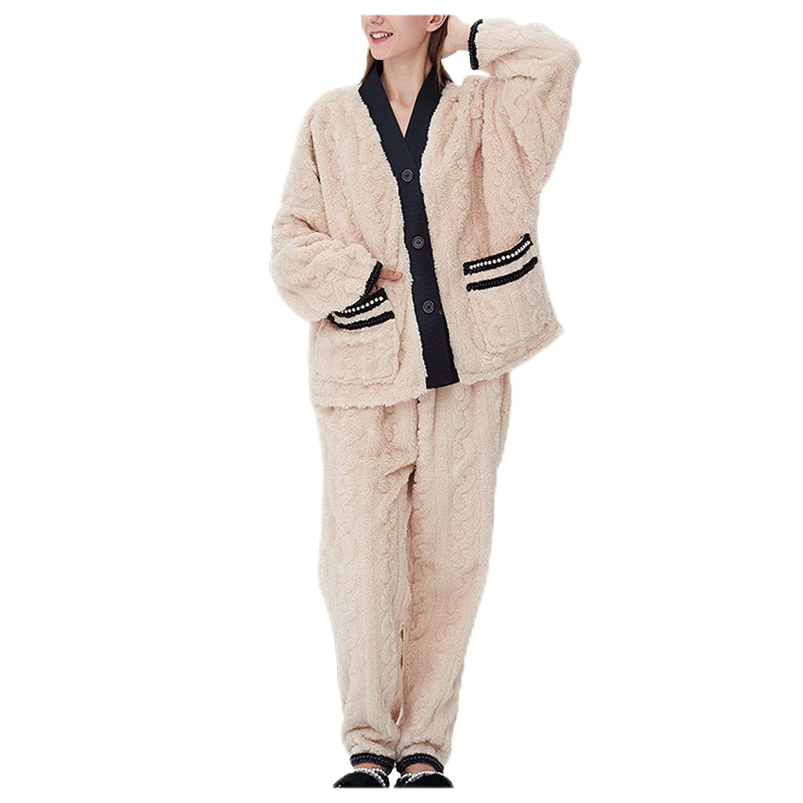 Pijama largo y cálido de forro polar conjunto de pijama para mujer, traje de casa mullido, ropa interior térmica de dos piezas, juego de 2 pijamas con tops largos y pantalones de franela para dormir,