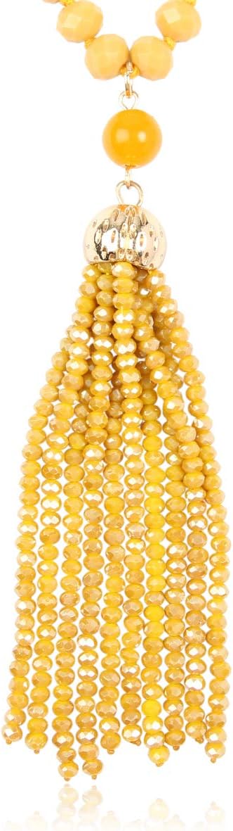 RIAH FASHION Bohemian Pendant Beaded Long Statement Necklace - Sparkly Crystal Bead Boho Teardrop, Natural Stone, Tassel Charm Wrap Lariat