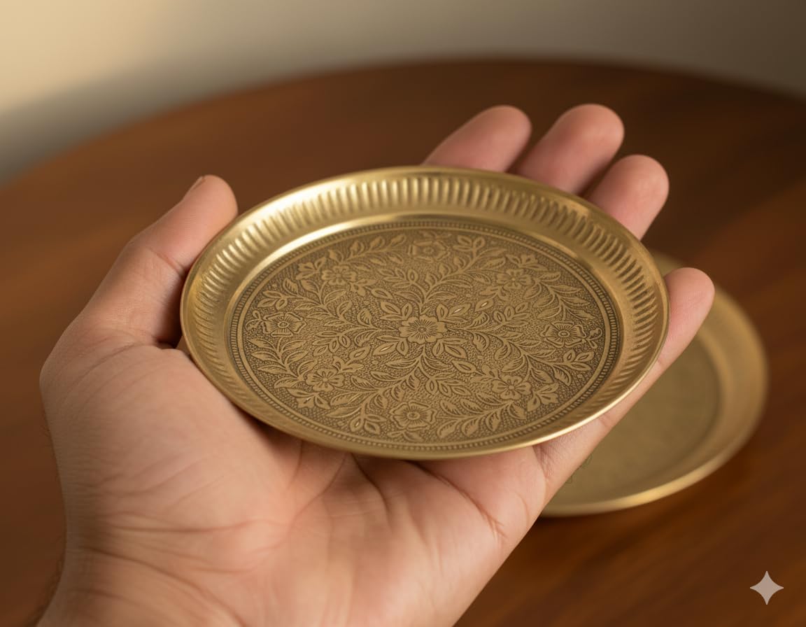 APAV Brass Pooja Thali 4 Inch – Pure Brass Mini Puja Plate for Aarti, Kumkum & Daily Worship – Handcrafted Traditional Pooja Plate for Home Temple & Gifting (4 inch (Golden)) 3