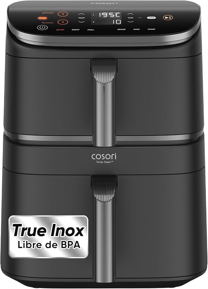 Cosori Turbo Tower Freidora de Aire 10.8L, True Inox Doble Cesta, Ahorra de Espacio, Alta Potencia de 2630W y Más Rápida, 6 Funciones, Comidas Siempre Balanceadas, Cocina sin Límites, Fácil de Limpiar