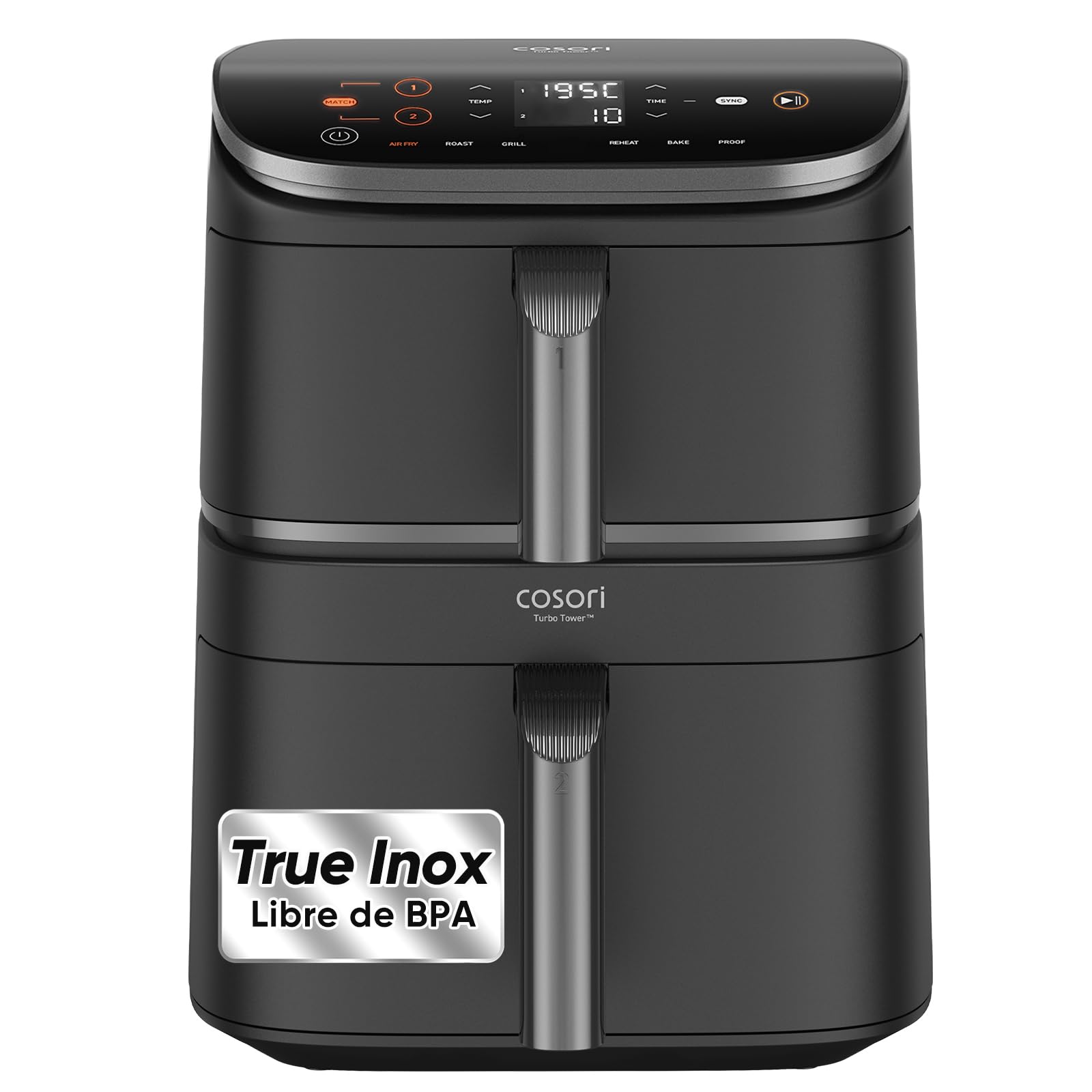 Cosori Turbo Tower Freidora de Aire 10.8L, True Inox Doble Cesta, Ahorra de Espacio, Alta Potencia de 2630W y Más Rápida, 6 Funciones, Comidas Siempre Balanceadas, Cocina sin Límites, Fácil de Limpiar