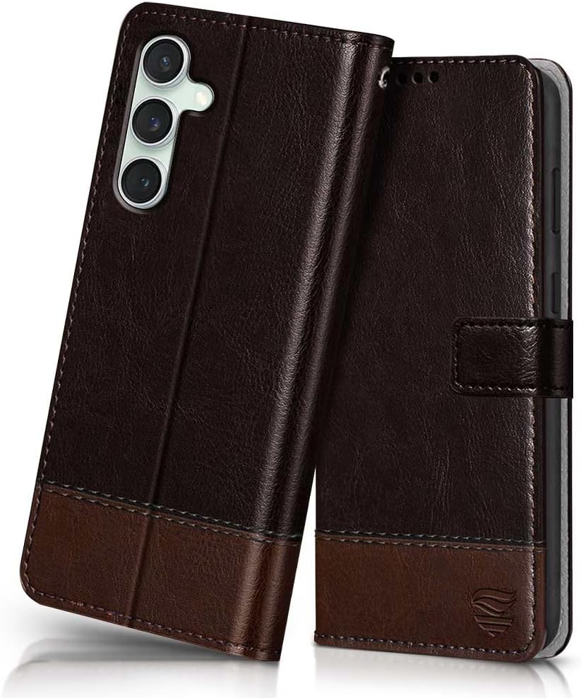 FLIPPED Vegan Leather Flip Case Back Cover for Samsung Galaxy S23 FE 5G (Flexible, Shock Proof | Hand Stitched Leather Finish | Card Pockets Wallet & Stand | Coffee with Brown)