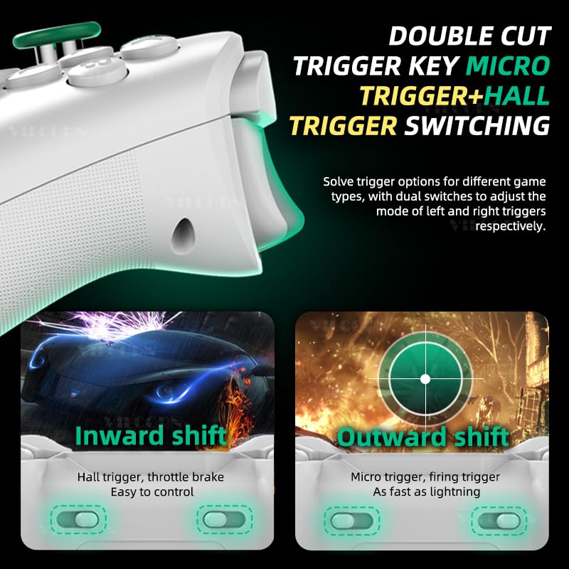 Diagram illustrating the two trigger modes: Inward shift for Hall trigger (throttle brake) and Outward shift for Micro trigger (firing trigger).