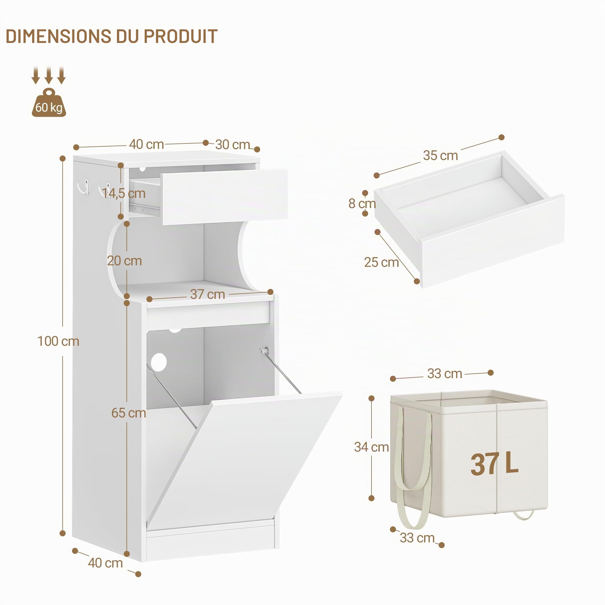 Hzuaneri Meuble Salle de Bain avec Panier à Linge, Placard de Rangement | 1 Tiroir et 1 Panier à Linge, Armoire Toilette , 40 x 40 x 100 cm, Blanc BC42003X