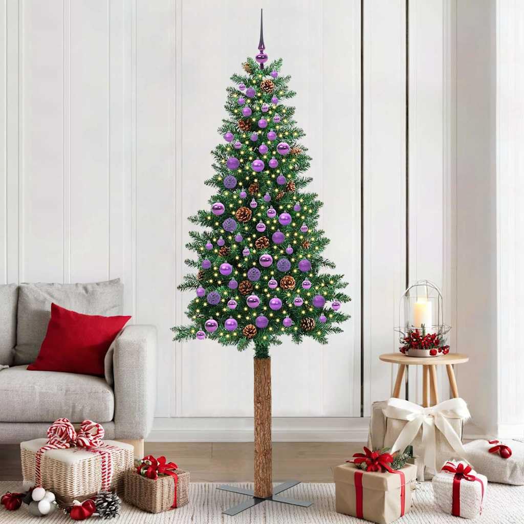 Albero di Natale Artificiale Sottile in PVC e Legno con 300 LED, Design Salvaspazio con Pigne e Palline, Albero di Natale con Luci Incorporate, Christmas Tree, Verde, 210 cm