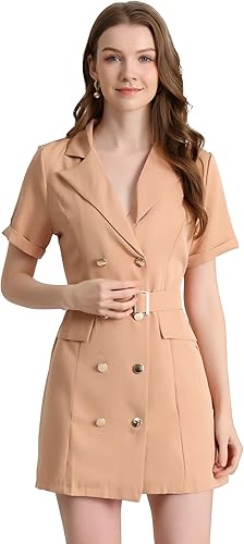 Allegra K Vestido blazer con cinturón para mujer, con solapa, doble botonadura, casual, para trabajo y oficina