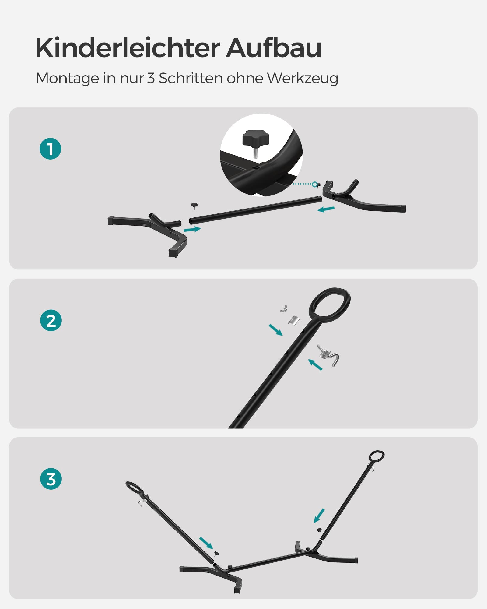 SONGMICS Hängematte, 210 x 150 cm, auf 5 Verschiedene Höhen verstellbar, Gestell aus Metall, bis 240 kg belastbar, für Garten, schwarzes Gestell und graue Hängematte GHS001G01