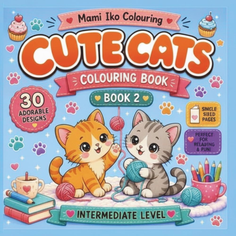 Cute Cats Colouring Book 2: Intermediate Level Colouring for Cat Lovers of All Ages