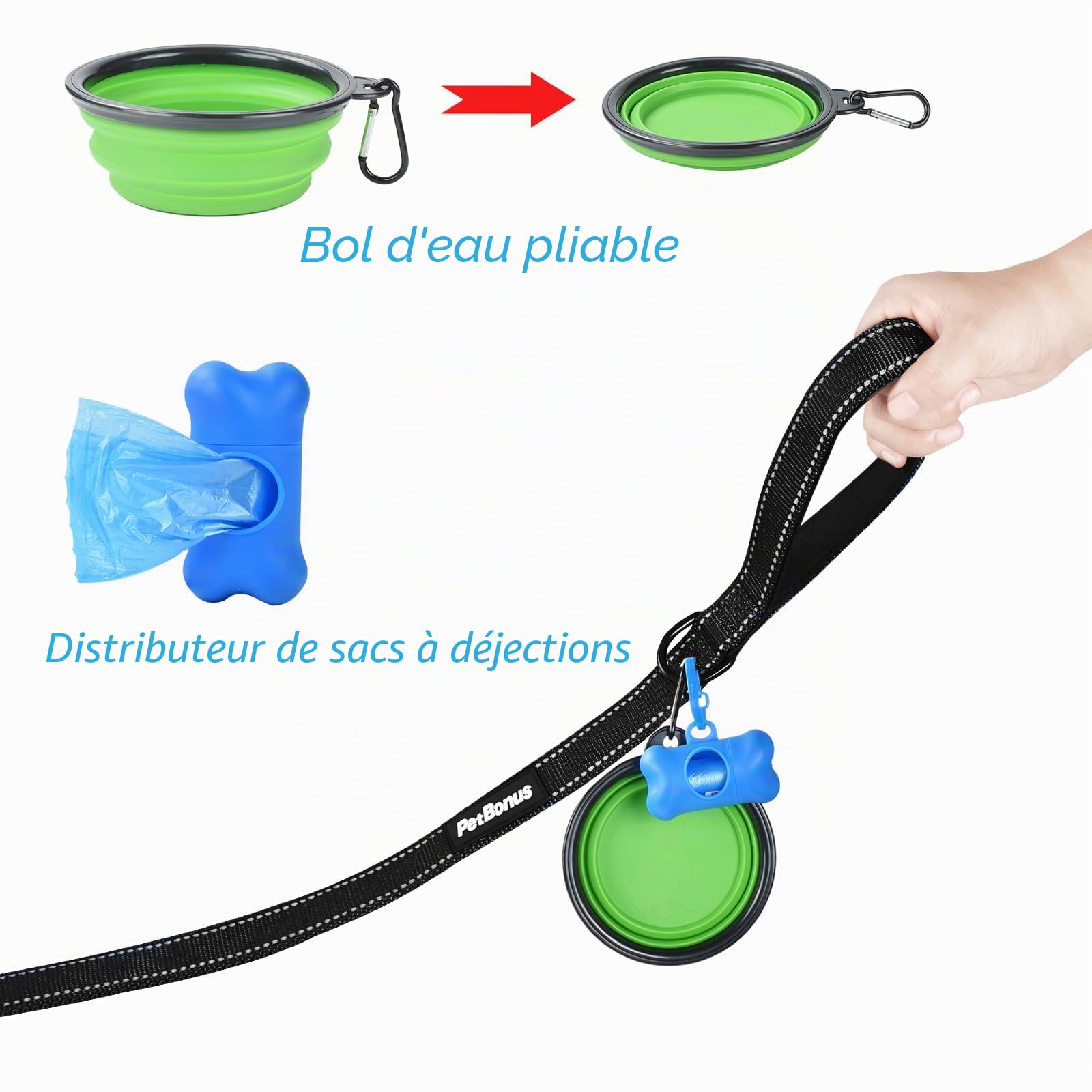 PetBonus Laisse Double pour Chien, Double Laisse Anti-Enchevêtrement Réfléchissante, avec 4 Poignées Rembourrées Confortables pour Chiens de Taille Moyenne ou Grande (Noir)