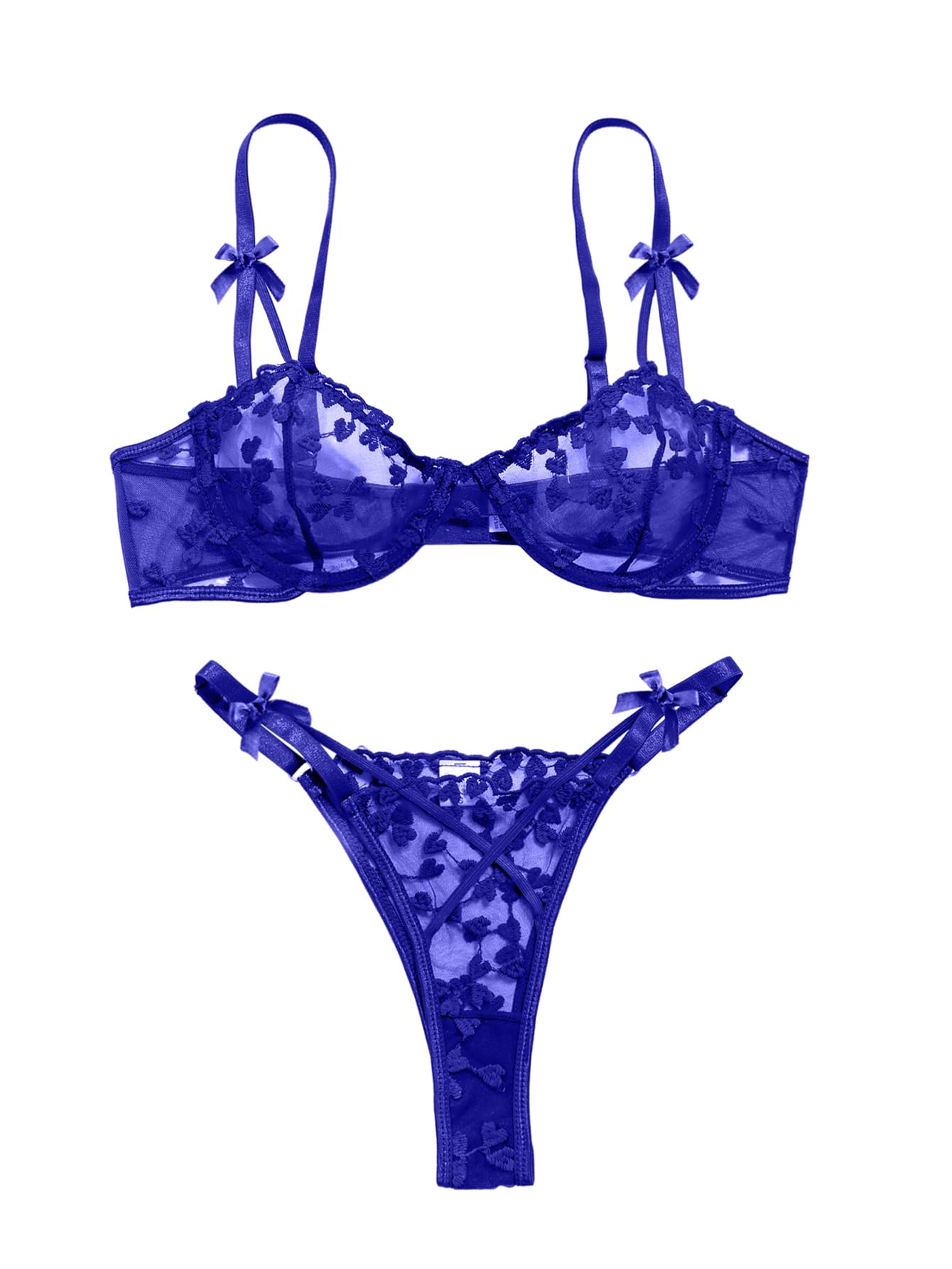 Lilosy Sexy Underwire Cute Push Up Strappy Embroidered Mesh Sheer Lingerie Set See Through Panty Bra: 3X-Large Bow Royal Blue