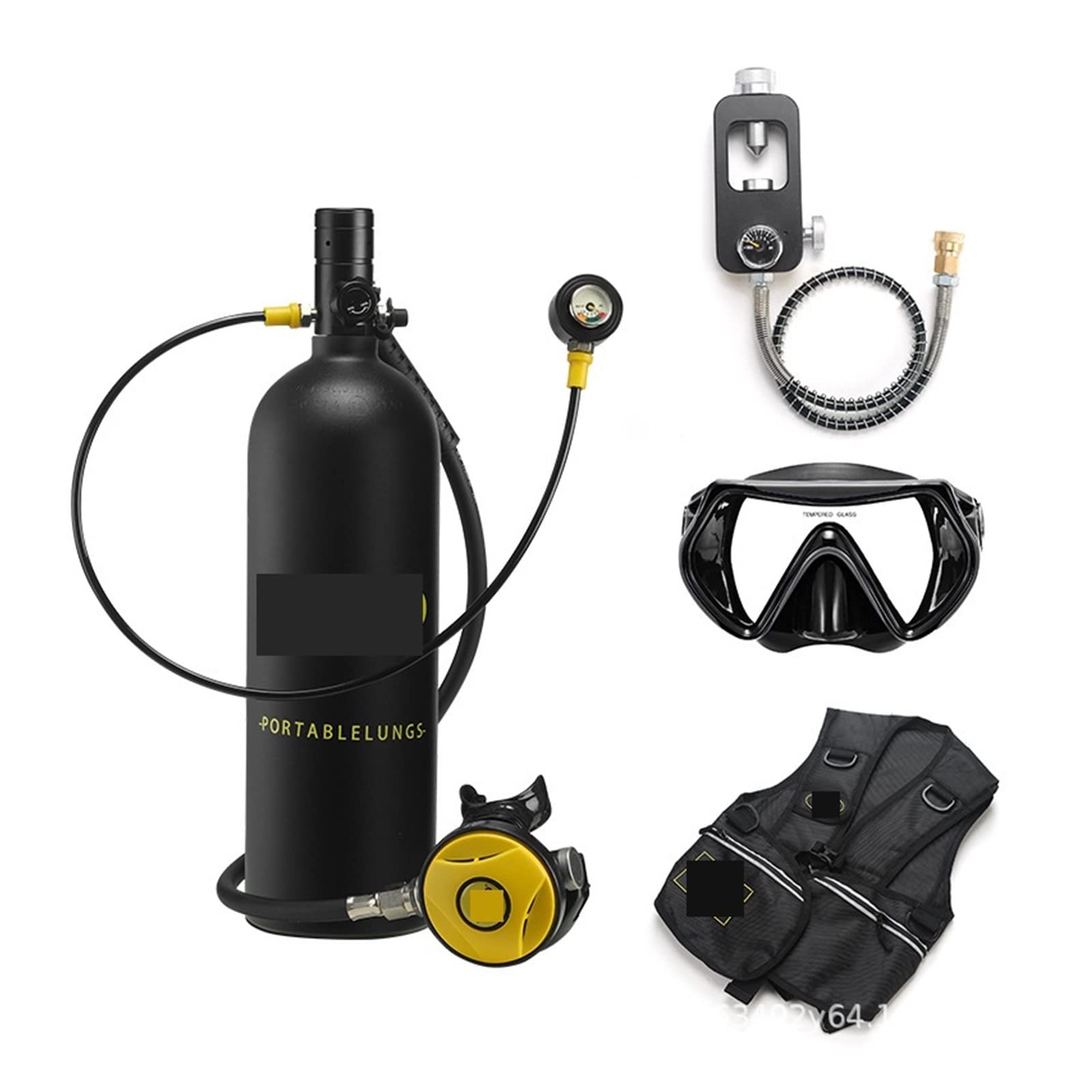 Portable Dive Cylinder, 2L Diving Snorkeling Equipment Residual Pressure Gauge(Nero)