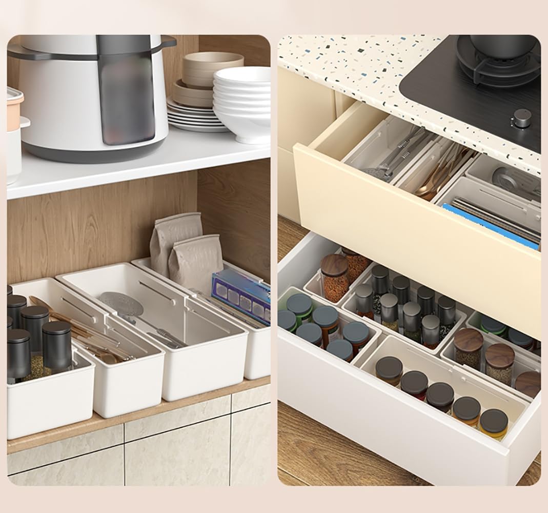 Drawer Storage Box 4 PCS Adjustable Expandable Plastic Organizer Storage Bins with Drawer Divider Suitable for Kitchen Utensils Refrigerator Cabinets Wardrobes Bathroom Office White