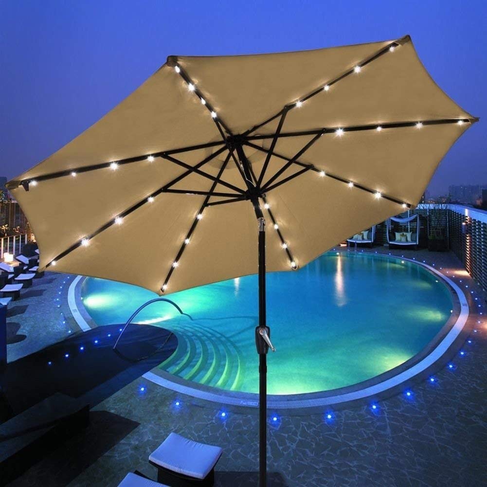 Sywlwxkq Parasols 2.5M Crank Solar Light Umbrella Market Patio Outdoor LED Umbrellas Self Charging LED Garden Umbrella (Color : Coffee Color)
