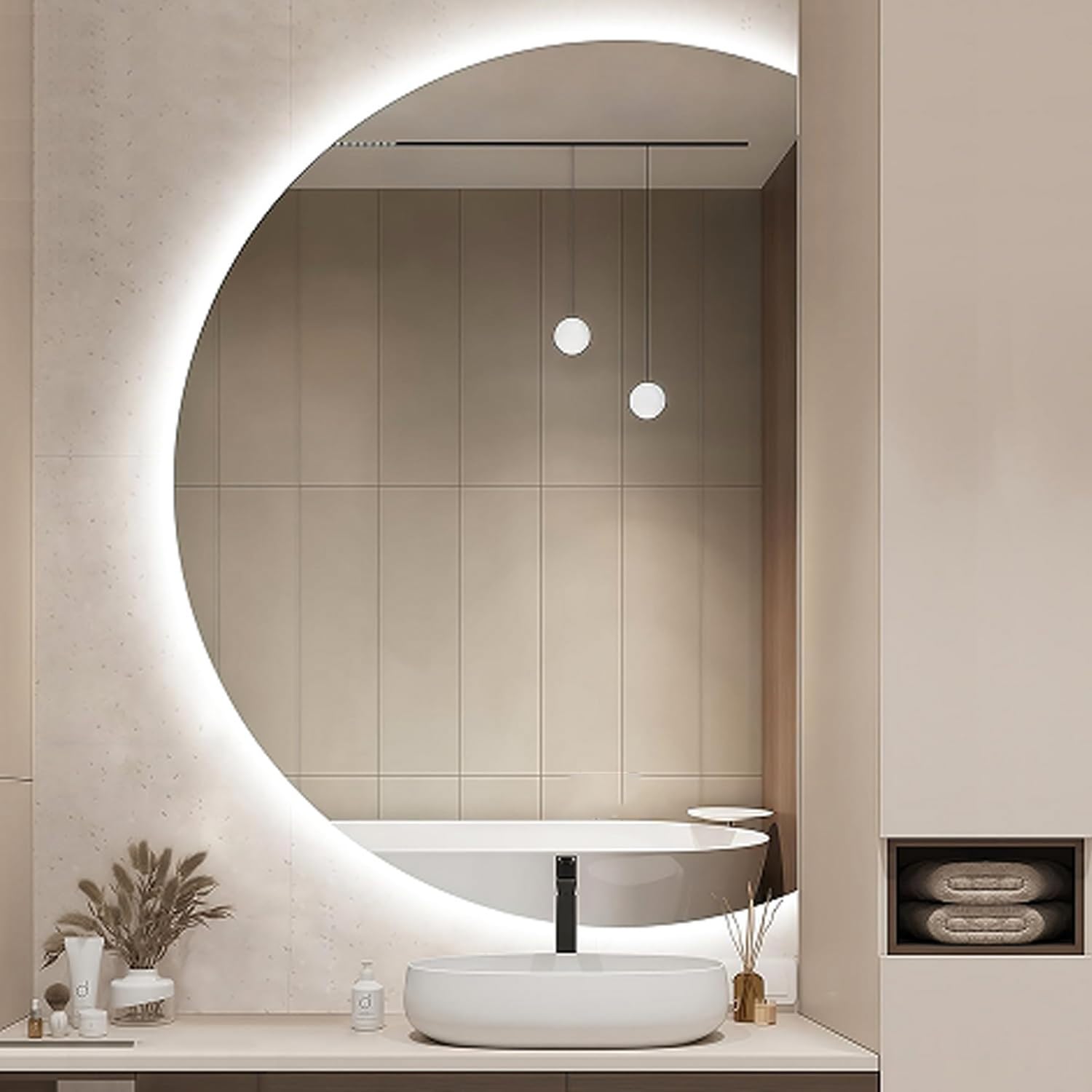 Miroir de décoration murale intelligente demi-lune rétroéclairé 90x60cm