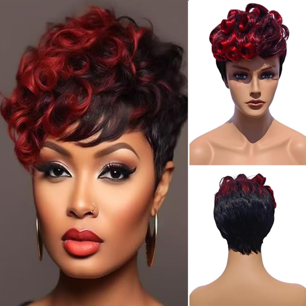 Short Wigs for Black Women,Pixie Cut Wig, Black and Red Ombre Curly Synthetic Hair, Side-Swept Bangs 96