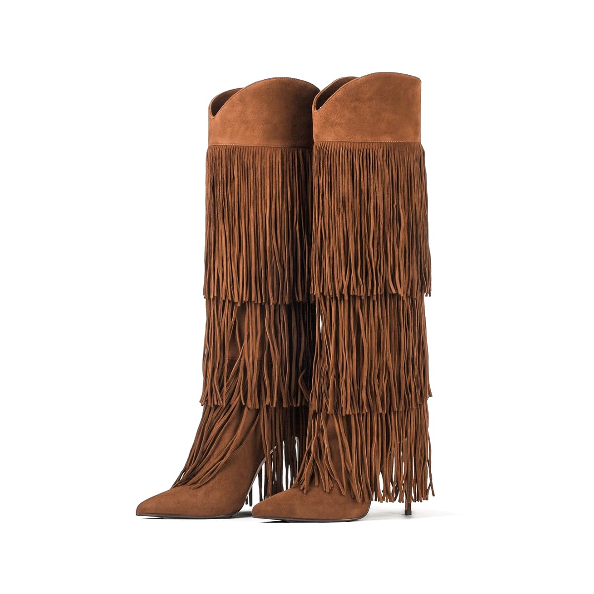Layer Fringe Knee High Boots Women Suede Tassel Pointed Toe Stiletto Heel Long Booties Fall Fashion Dress Boot