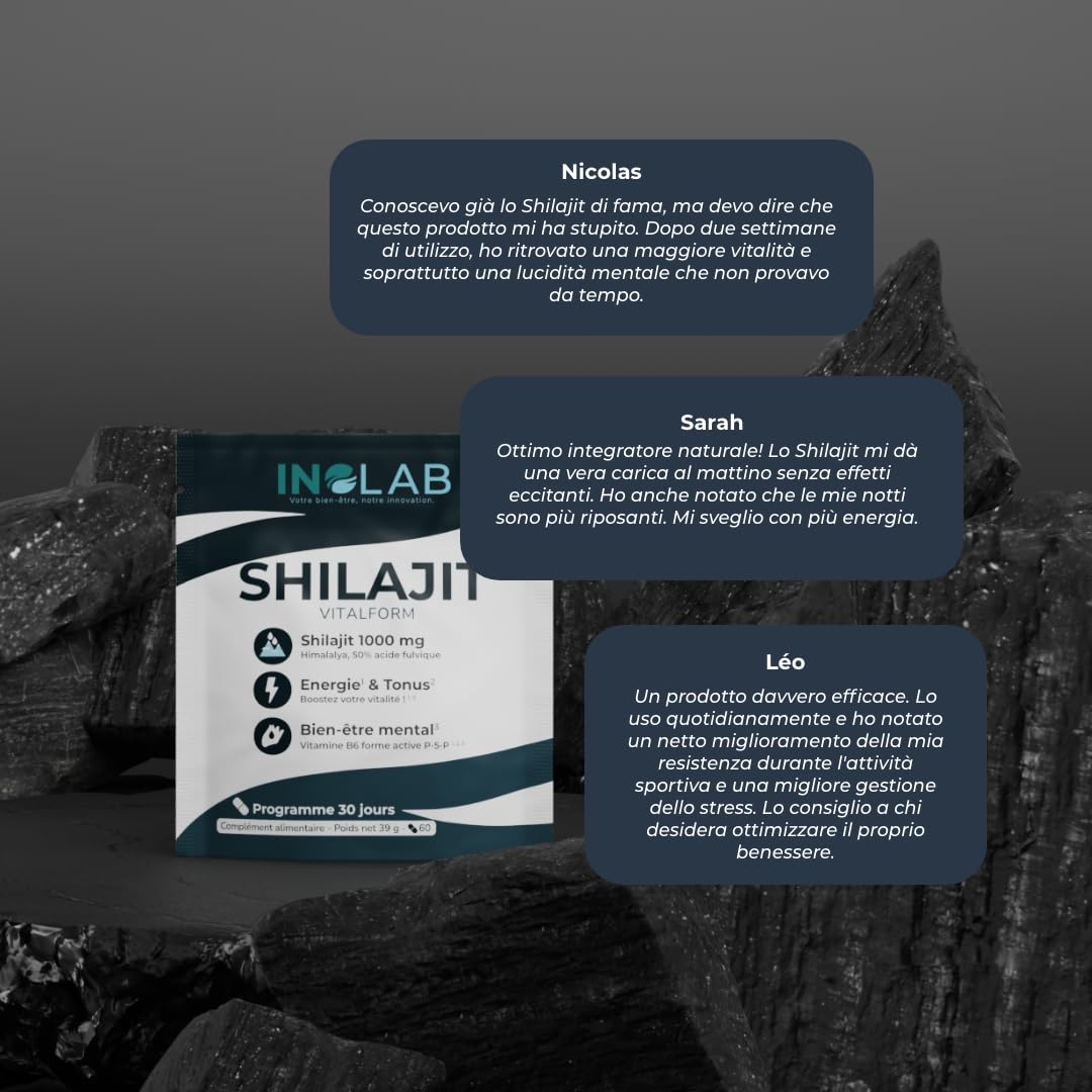 INOLAB Shilajit Puro Originale Himalaya | Titolato al 50% in Acido Fulvico I Integratore per Energia, Equilibrio ormonale, Vitalità maschile e Benessere Mentale I Shilajit Mumijo Capsule Vegan