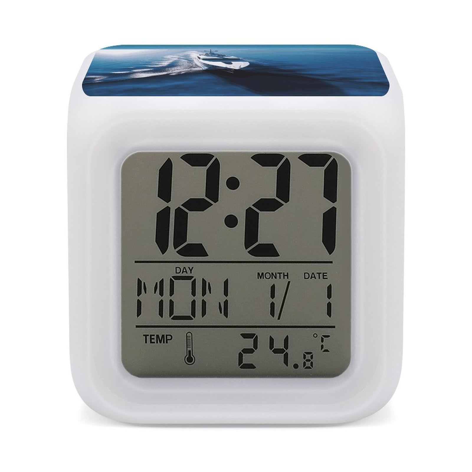 VstaDank Yacht Alarm Clock with 7 Color Changing Night Light Date Temp Display Wake Clocks LED Display Digital Clock Electric Desk Clocks for Living Office Bedroom Decor