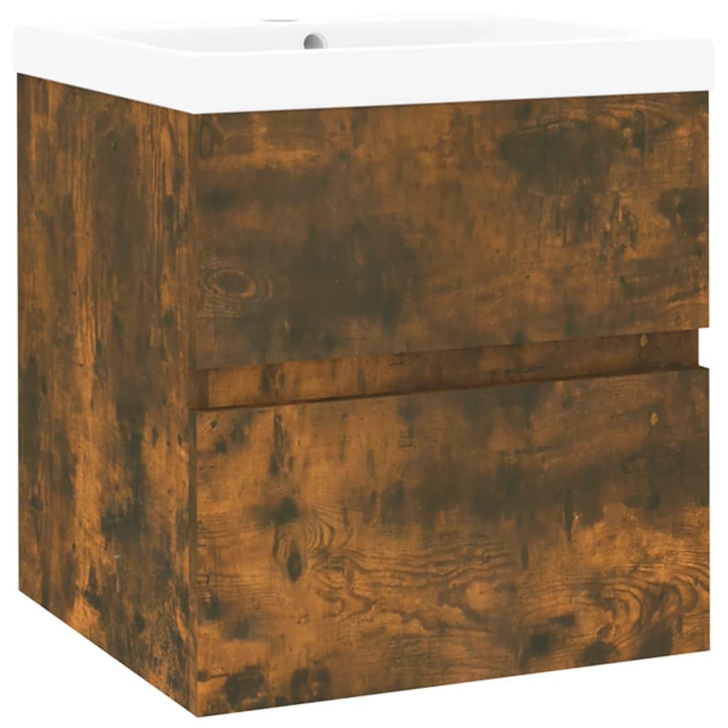 Armario de lavabo con lavabo empotrado, roble ahumado, cajón de almacenamiento de pared, rebosadero, muebles de baño