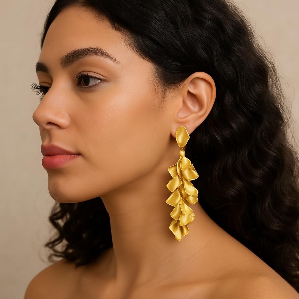 Long Acrylic Rose Petal Clip on Dangle Earrings, 14K Gold Plated Chunky Statement Flower Earrings Clips Minimalist Hypoallergenic Floral Tassel Earrings for Non Pierced Eears - Image 4