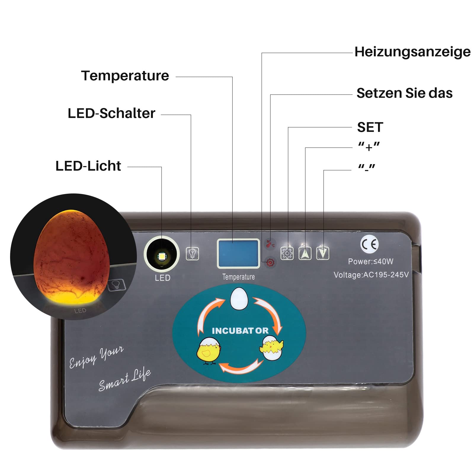 12-Eier-Inkubator, Bruteier-Inkubator, automatischer Umsatz- und Temperaturkontroll-Inkubator, Labor-Inkubator mit LED-Leuchten für Hühner, Enten, Gänse und Wachteln