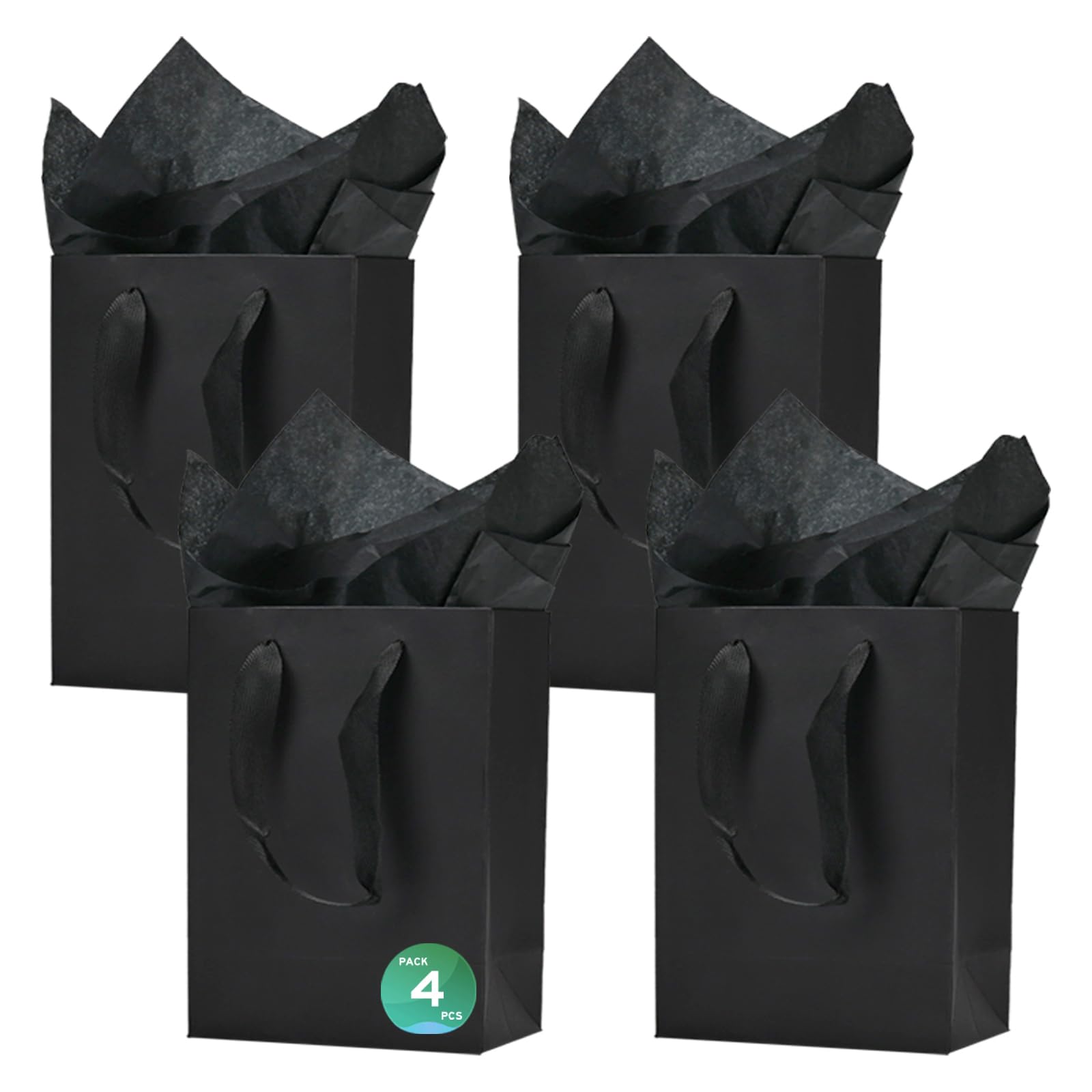 Aosric Black Gift Bags with Tissue Paper, 4 Pack, 13x8x20 cm