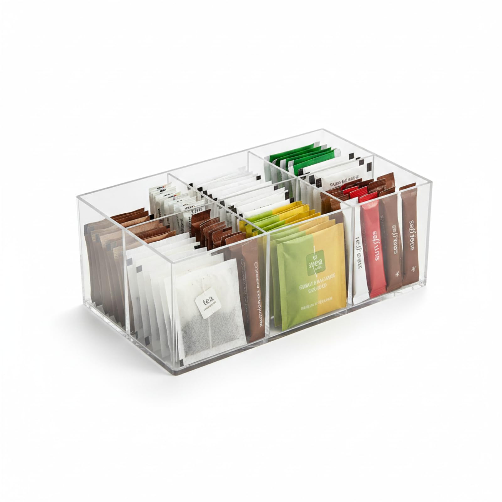 Tea Bag Organiser - PET Plastic Tea Bag Storage & Coffee Pod Storage, 6-Compartment Transparent Tilted Open Design, Coffee Station Organiser for Kitchen Counter Cabinet Organizer