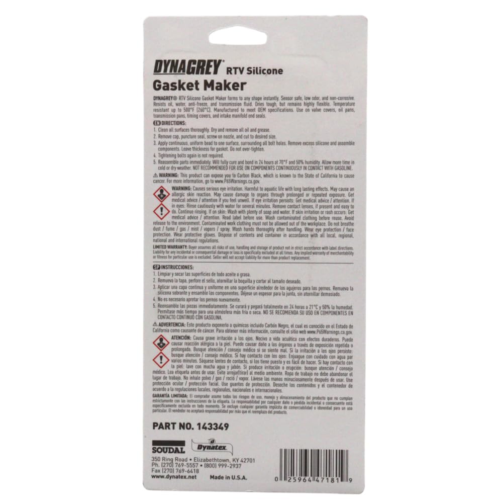 Dynatex DynaGrey RTV Silicone Gasket Maker 85g Tube - 500°F High Temperature, Sensor Safe, Low Odor, and Non-Corrosive Silicone Sealing Compound Made in the USA (6-Pack)