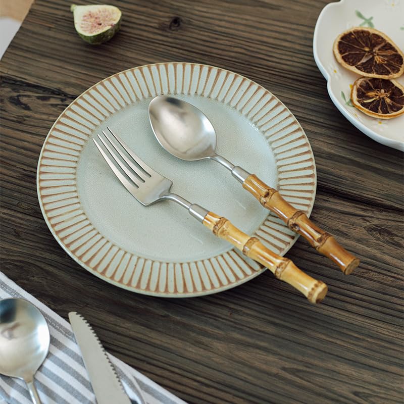 Set di Posate in Argento, 4/16/24/32/40/48 Pezzi, in Acciaio Inox 304, con Manico in bambù, Coltello e forchetta, Cucchiaio e Coltello da Bistecca. Argento - 40 Pezzi per 10 (Argento 32 Pezzi per 8)