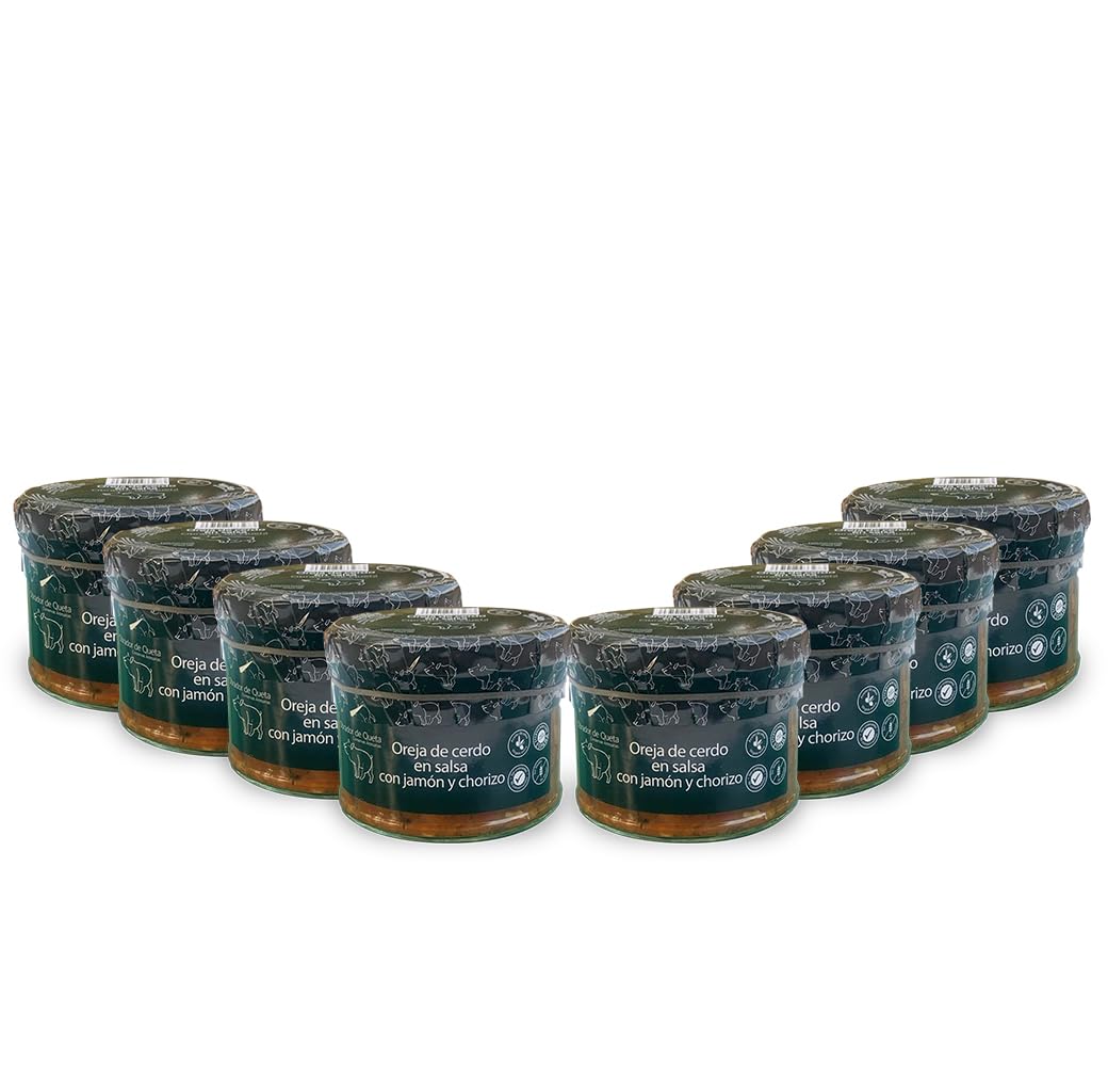 Oreja de Cerdo en Salsa con Jamón y Chorizo Conservas Premium, Receta Tradicional Artesana, Plato Preparado Calentar y Servir, Sin Gluten, Sin Conservantes, Pack de 8 x 430g