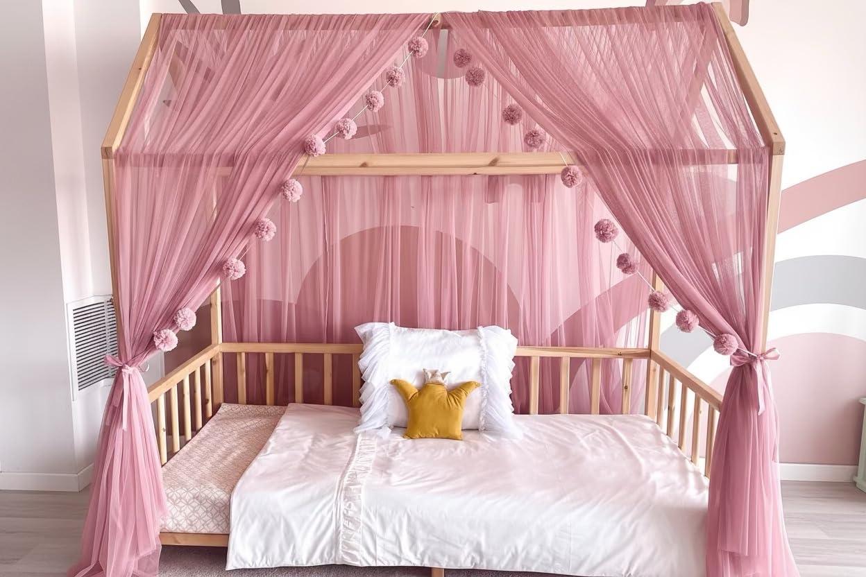 Baby Fancyroom House Bed Canopy Beige Decoration Set Children's Room for Children's Bed Canopy Made of Premium Tulle for House Bed (Antique Pink, 300cm, without pompom-garland)