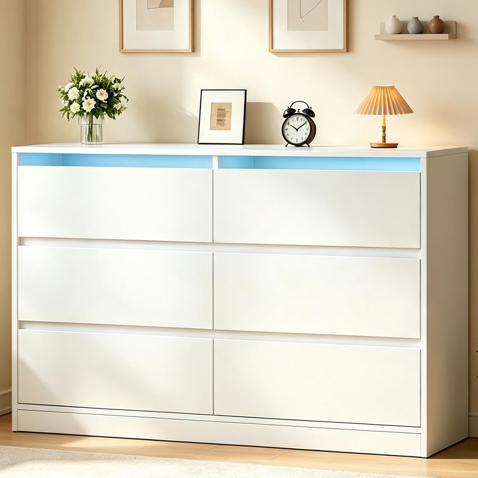 Blanche Commode Chambre à 6 tiroirs, Commode avec éclairage LED
