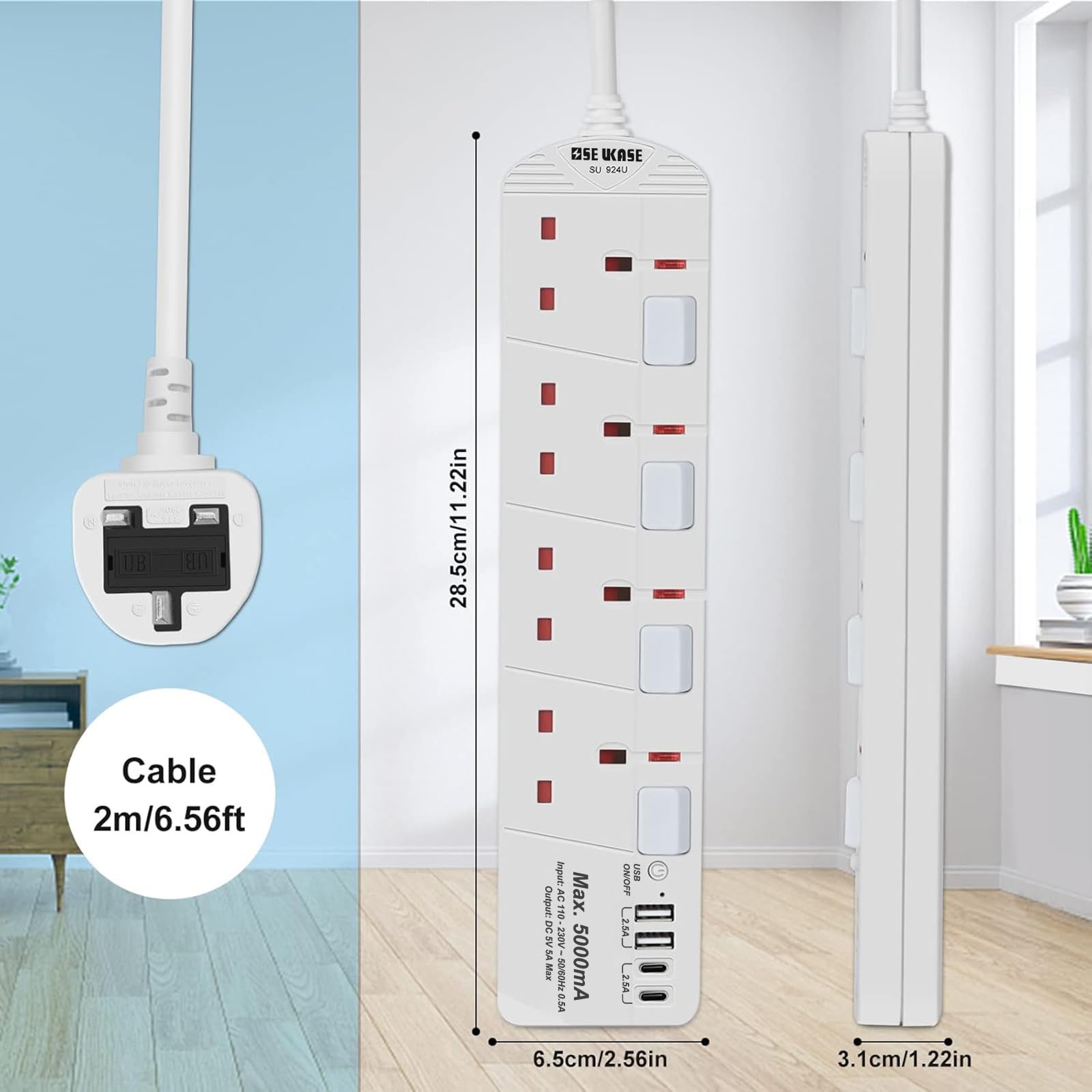 Extension Lead with USB Slots(5V/5A), 4 Way Plug Sockets with Individual Switches USB and Type C, Wall Mount Design with 2M Extension Cable 2990W