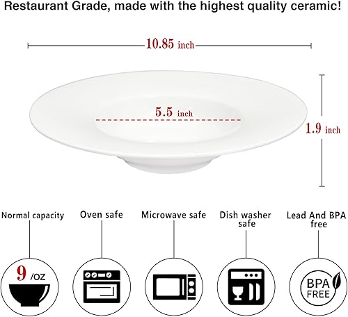 Miniatura 10 de Tazones de sopa Plato de sopa de 8 onzas para pasta, juego de 4 platos blancos poco profundos, cuencos de porcelana con borde, hornos de microondas