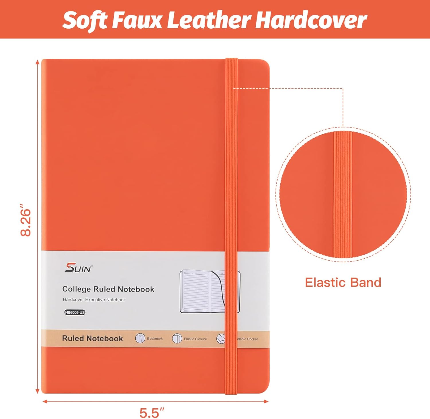SUIN Hardcover-Journal-Notebooks, A5 Lined Journals Notebook for Writing 200 Pages, 8.2 x 5.5 inch, Classic Ruled Notebooks for Work/Travel/College (Orange- 6 Pack)