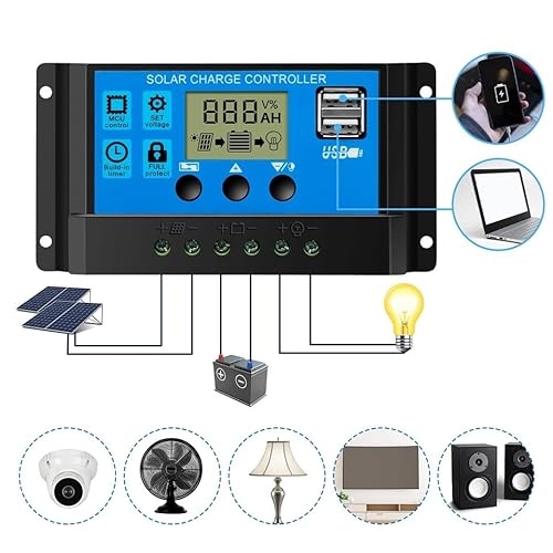 OOYCYOO 10A 12V/24V Solar Laderegler Solar Ladegerät Controller Solarpanel Batterie Intelligente Solarregler mit 5V Dual USB Port LCD Anzeige für Blei Säure Batterien