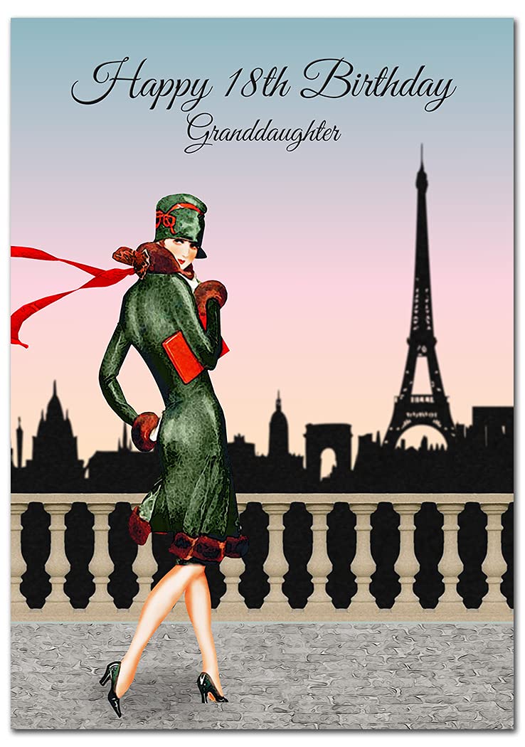 Extra Large Granddaughter 18th Birthday Card - XL Big thick A4 size - Special Age Year Greeting Her Women Female - Beautiful Art Cool Flapper 1920 Style Paris - Nice Huge Happy Wishes UK Eco-Friendly — image 1