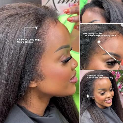 Miniatura 5 de Sunber Pelucas de encaje frontal de cabello humano 4C con borde rizado Yaki recta piel fundida 13x4 encaje frontal pelucas de cabello humano 12A