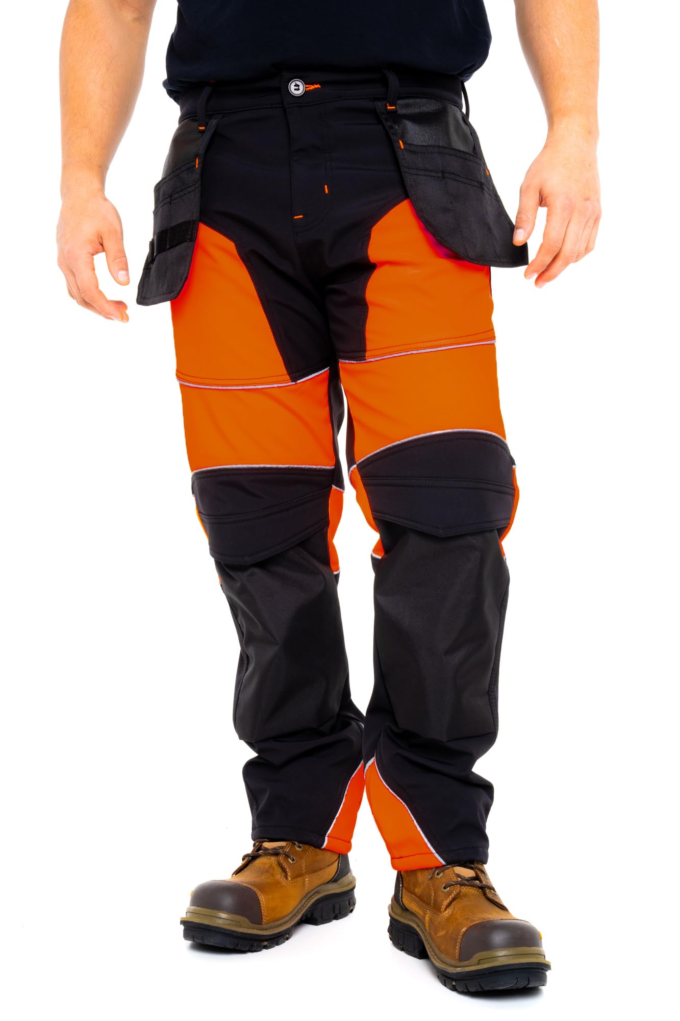 Sam Caan® Hi Vis Mens Work Trousers Softshell Men High Visibility Viz Reflective Water Resistant Cargo Rain Proof Repellent Windproof Safety Site Work Wear Builder Pants Workwear Holster Pocket