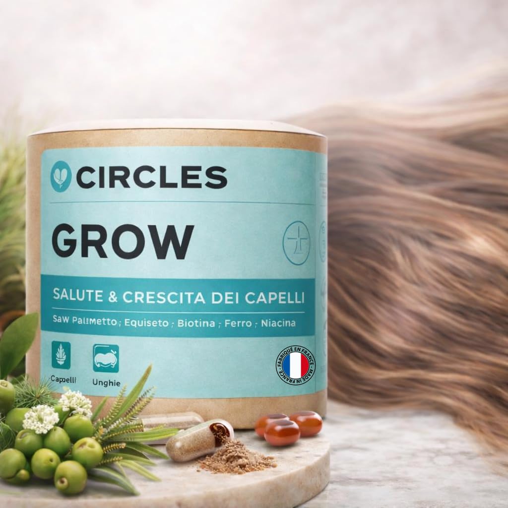 Circles GROW Integratore Capelli e Unghie Donna Biotina Selenio Ferro Serenoa Repens Equiseto Silice Vitamine B3 B5 B6, Senza Zuccheri Aggiunti, 30 Capsule Vegan Made in France