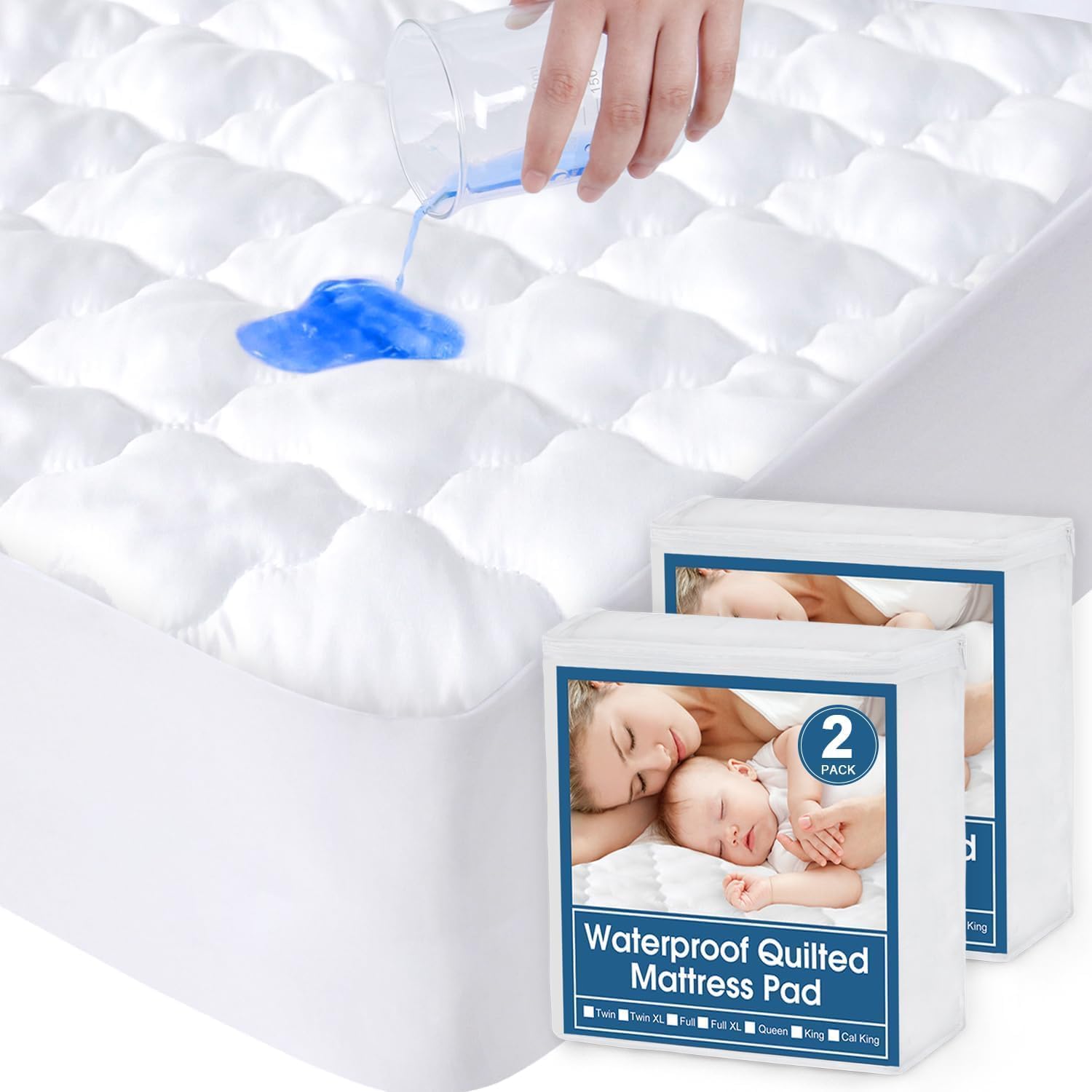 2 Pack Twin Mattress Protector Pad Waterproof Quilted, Breathable & Cooling Twin Size Mattress Cover Fitted for Kids with Deep Pocket Up to 14" for Single Bed, (White)