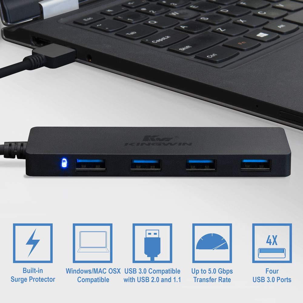 Kingwin Hub USB 4 porte USB 3.0 Data Hub per Mobile SSD, MacBook, Mac Pro/Mini, iMac, Chromebook, Surface Pro, USB Flash Drives, Notebook PC, XPS, e More [Ultra Slim]