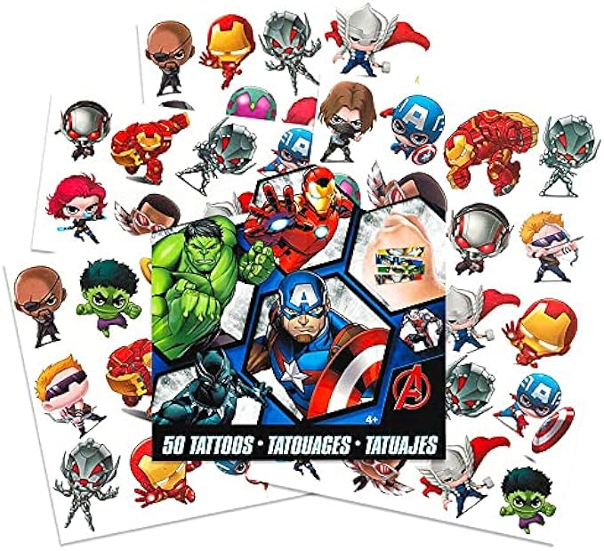 Marvel Avengers Temporary Tattoos - 50 Superhero Tattoos Featuring Iron Man, Thor, Hulk, Captain America and More (Avengers Party Supplies and Favors)