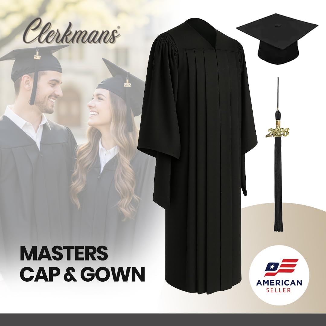CLERKMANS Classic Masters Graduation Cap And Gown With Tassel Package