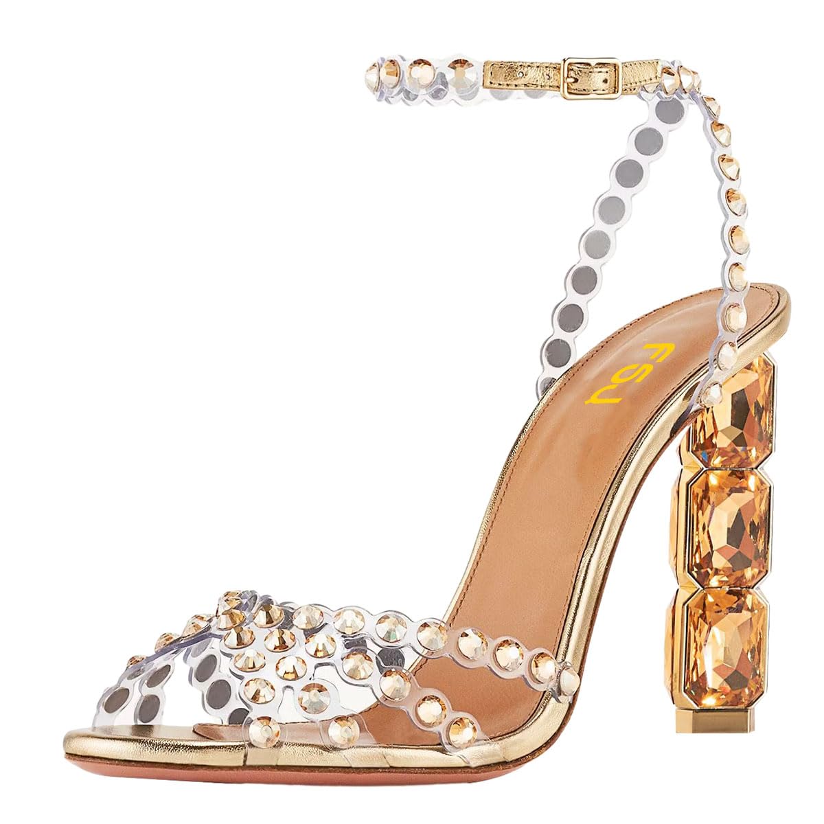 FSJ Women Jeweled High Heel Sandals Rhinestones Diamonds Chunky Block Heel Ankle Strap Buckle Open Toe Fashion Party Evening Wedding Dress Shoes Size