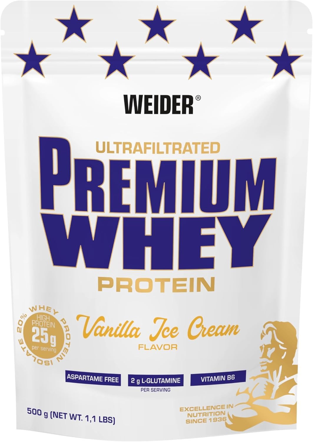 Weider Premium Whey Protein Powder, 500g, Gelato alla Vaniglia | Alto Contenuto Proteico, Basso Carboidrati e Grassi, Con L-Glutammina e Vitamina B6