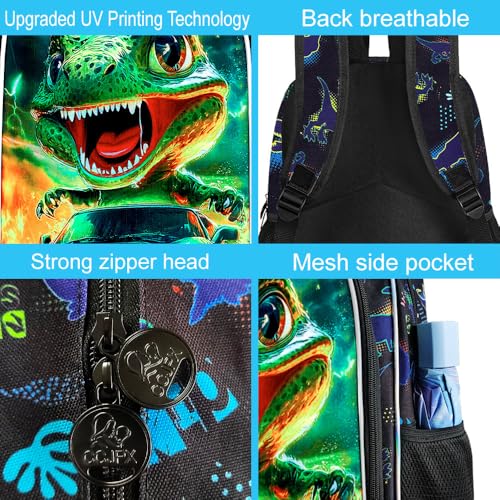 Image of 16 inch Dinosaur Backpack for Boy, 3Pcs Cars Bookbag with Lunch Box, Kids School Backpacks for Elementary Preschool Kindergarten (Black)