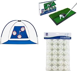 PGA Tour Pro Size Driving Net with Carry Bag - Height 214cm/7ft - Width 305cm/10ft - Depth 153cm/5ft + TOUR Launch Pad Pro 2 in 1 Practice Mat, Blue + Tour Low Friction Golf T-Shirt Yellow, 3.25 Inch