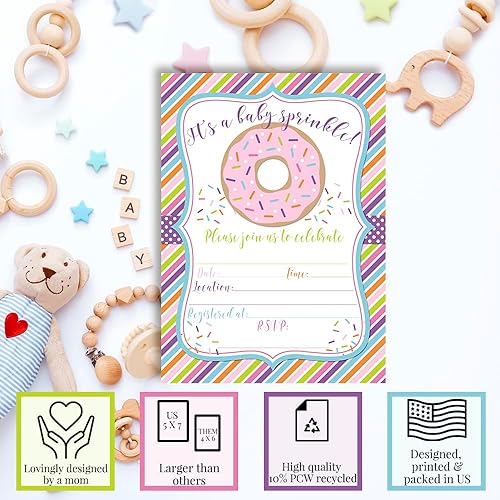 Miniatura 3 de AmandaCreation - Invitaciones temáticas de donas para baby shower, 20 tarjetas de relleno de 5 x 7 pulgadas con veinte sobres blancos